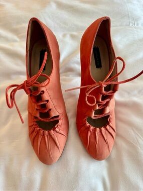 Women’s Bimba Y Lola Lace-Up Coral Leather Bootie Heels - size 40